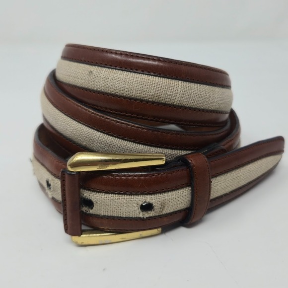 Saks Fifth Avenue Other - AS IS Saks Fifth Avenue Belt 38 M-3832 Spain Brown Leather Linen - MISSING PRONG